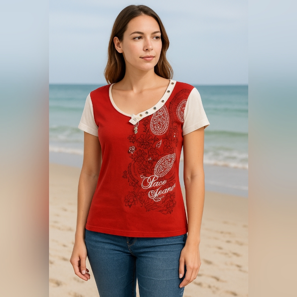 Ab) Paco Jeans Red Embroidered Graphic Tee | Size LargeEdgy Western Vibe with F